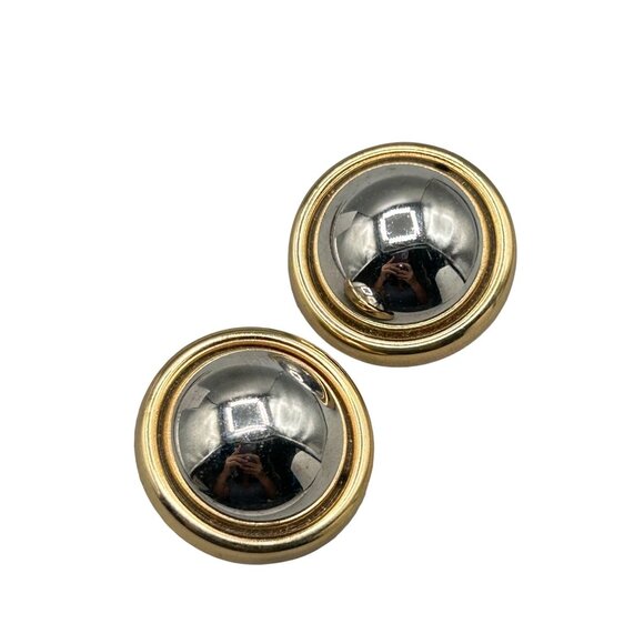 Vintage Signed Napier Clip On Earrings Domed Two Tones Silver Gold Round Buttons - Picture 1 of 7